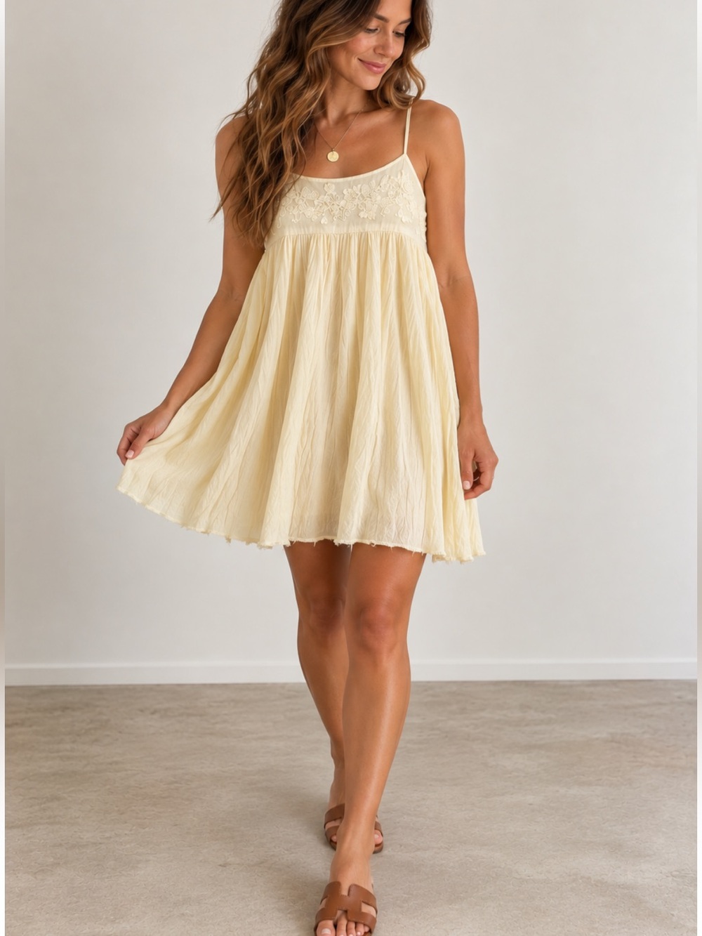 Free People Cream Yellow Lace Embroidered Flowy Mini Slip Dress Size XS